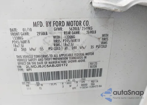 2010 Lincoln Mkx z USA, uszkodzony, nr VIN 2LMDJ8JC5ABJ20172